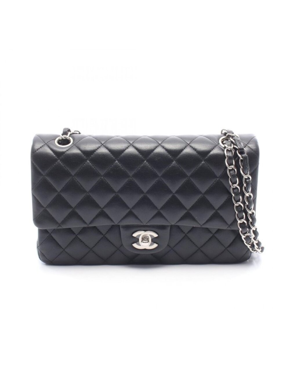 Chanel Shoulder Bag Quilted Double Flap Black Lambskin Chain